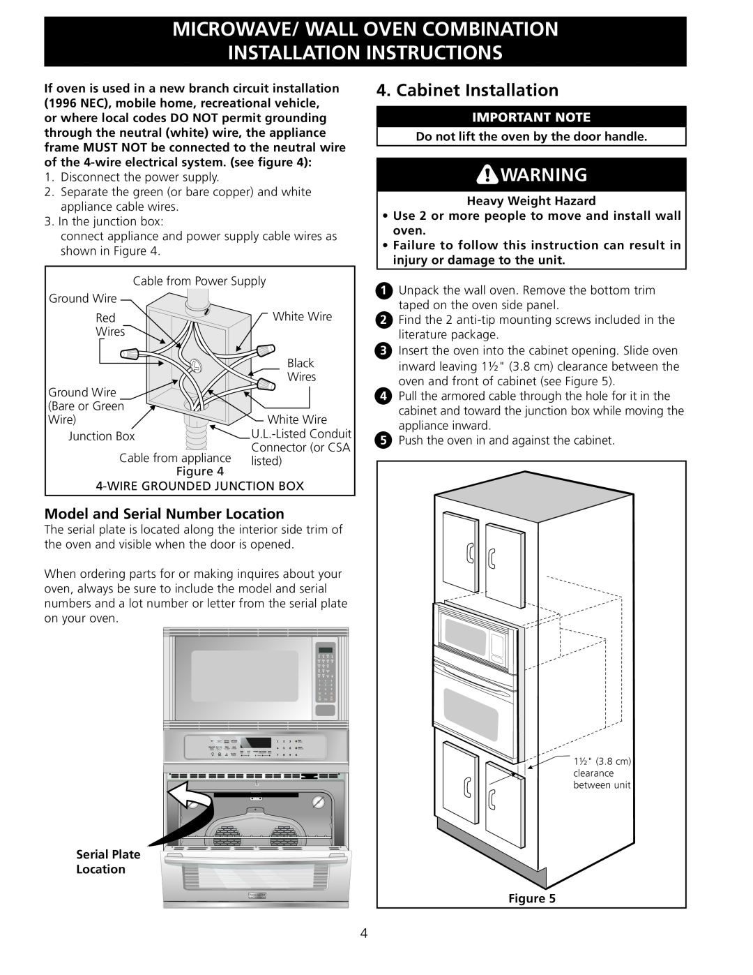Frigidaire 318201534 installation instructions Cabinet Installation, Model and Serial Number Location, Important Note 