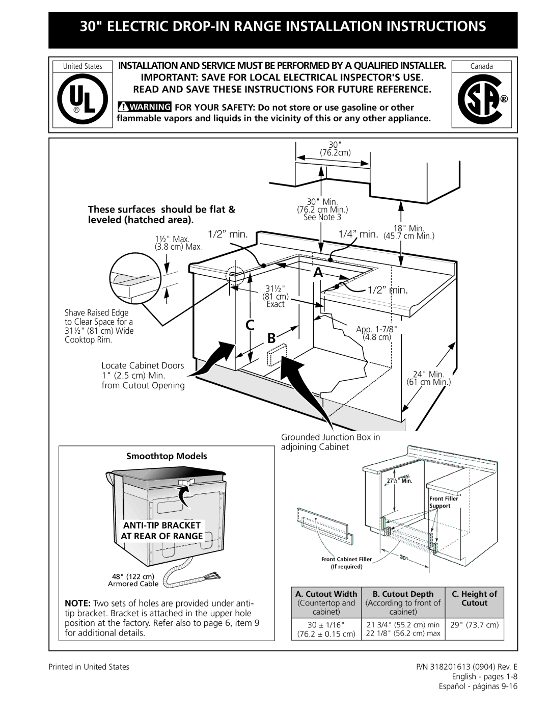 Frigidaire 318201613 installation instructions Electric DROP-IN Range Installation Instructions 