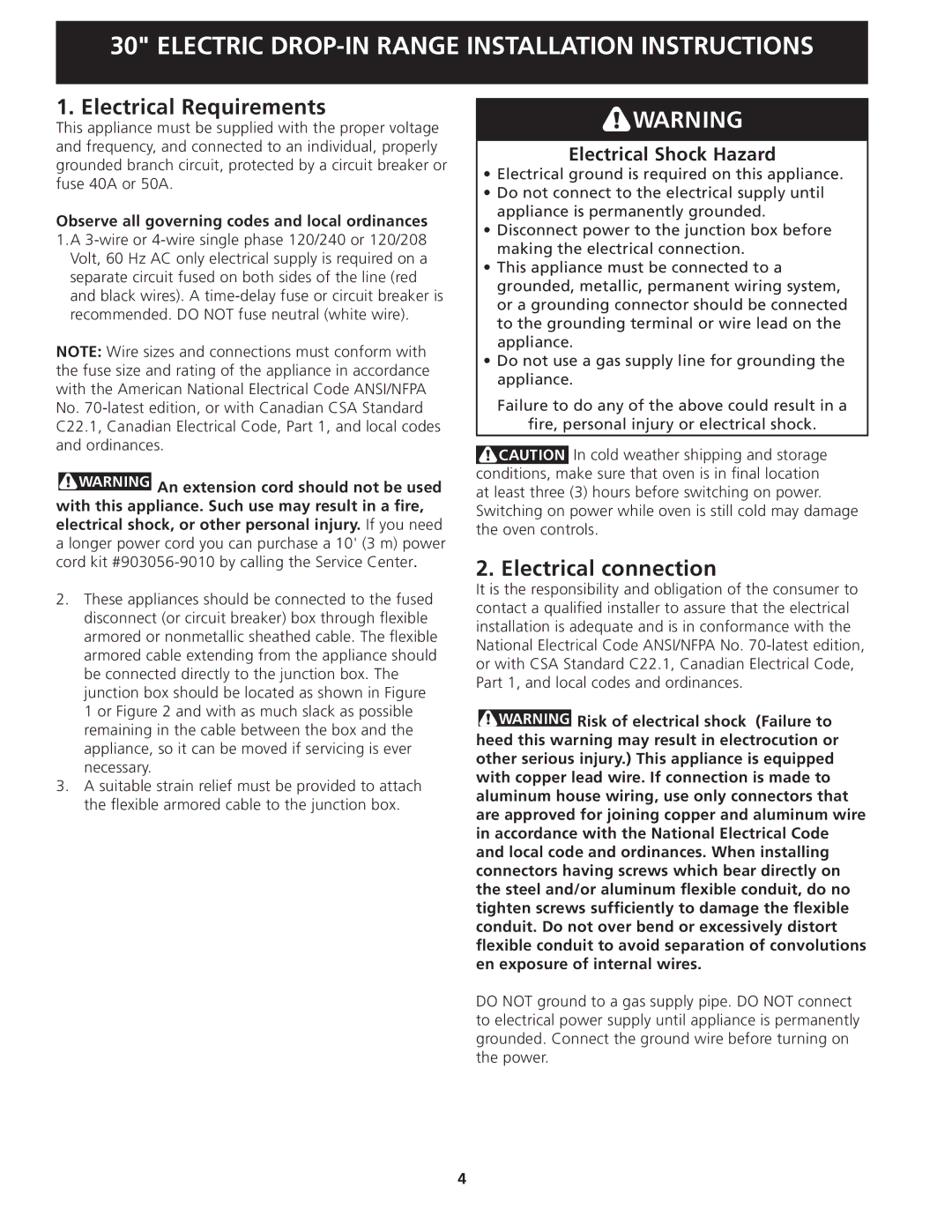 Frigidaire 318201613 installation instructions Electrical Requirements, Electrical connection, Electrical Shock Hazard 