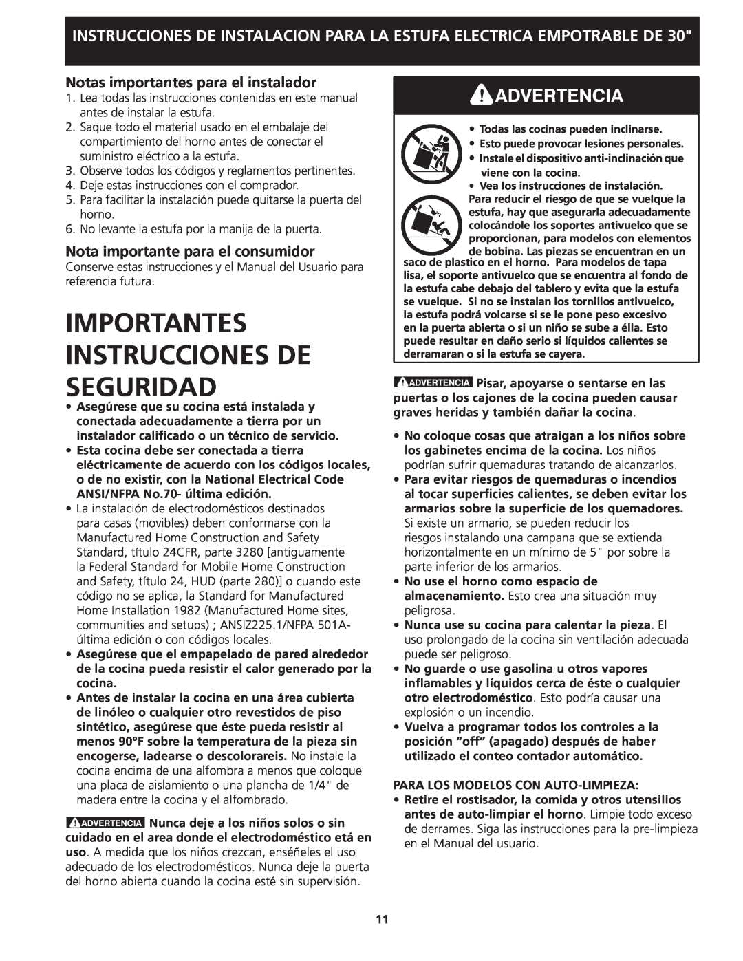Frigidaire 318201613 installation instructions Importantes Instrucciones De Seguridad, Notas importantes para el instalador 
