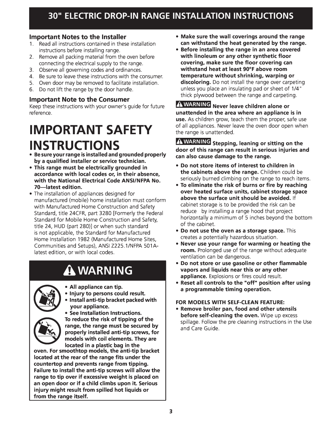 Frigidaire 318201613 Important Safety Instructions, Important Notes to the Installer, Important Note to the Consumer 