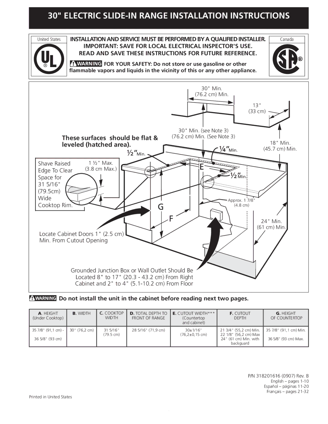 Frigidaire 318201616 installation instructions These surfaces should be flat, Leveled hatched area 