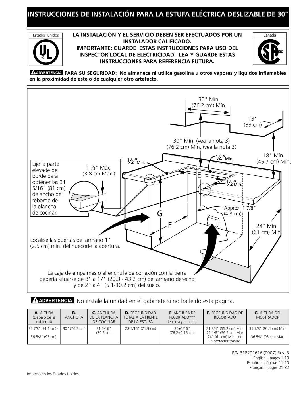Frigidaire 318201616 installation instructions Approx 7/8, Canadá 