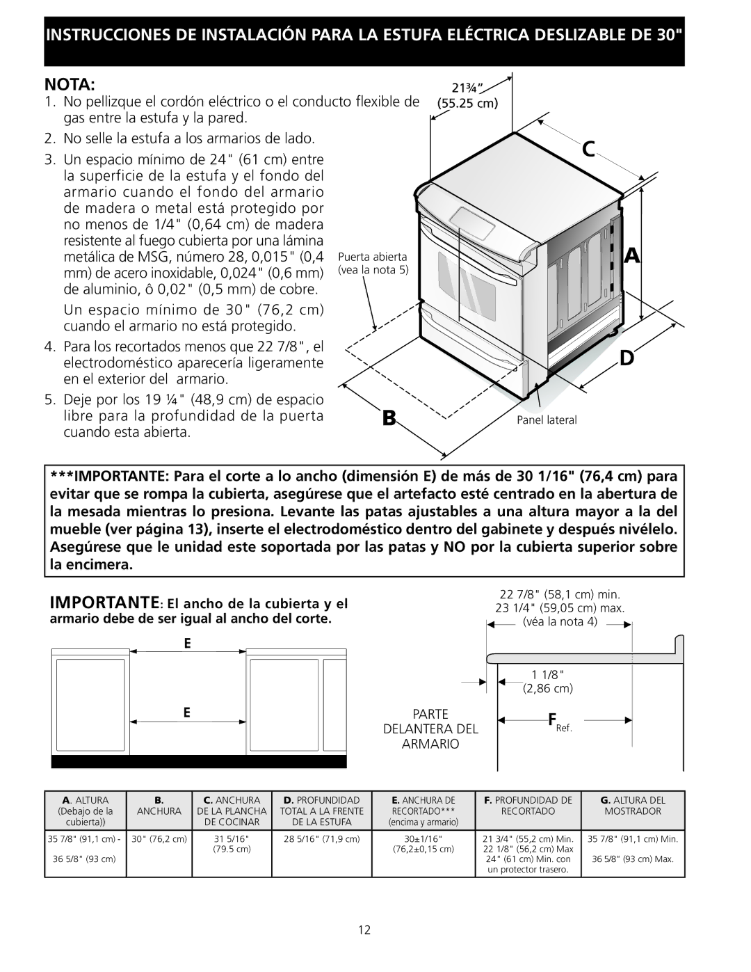 Frigidaire 318201616 installation instructions 55.25 cm, Puerta abierta, Vea la nota, Panel lateral, 86 cm 