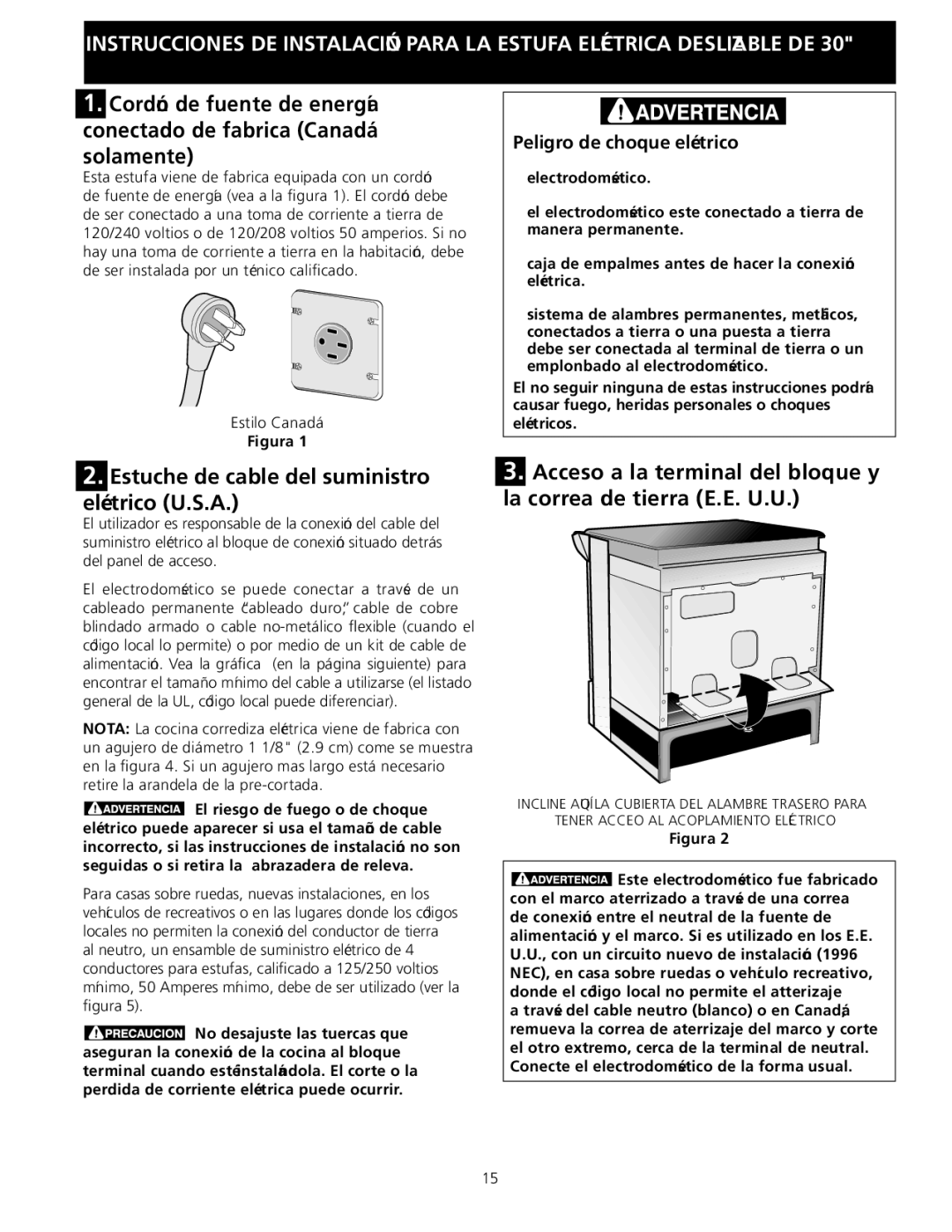 Frigidaire 318201616 Estuche de cable del suministro eléctrico U.S.A, Peligro de choque eléctrico, Eléctricos 