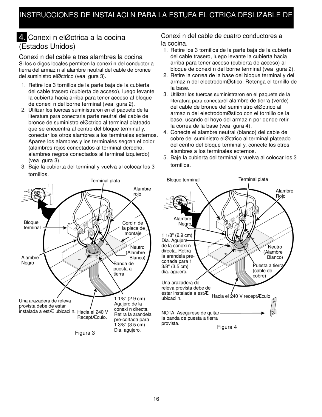 Frigidaire 318201616 Conexión eléctrica a la cocina Estados Unidos, Conexión del cable a tres alambres la cocina 
