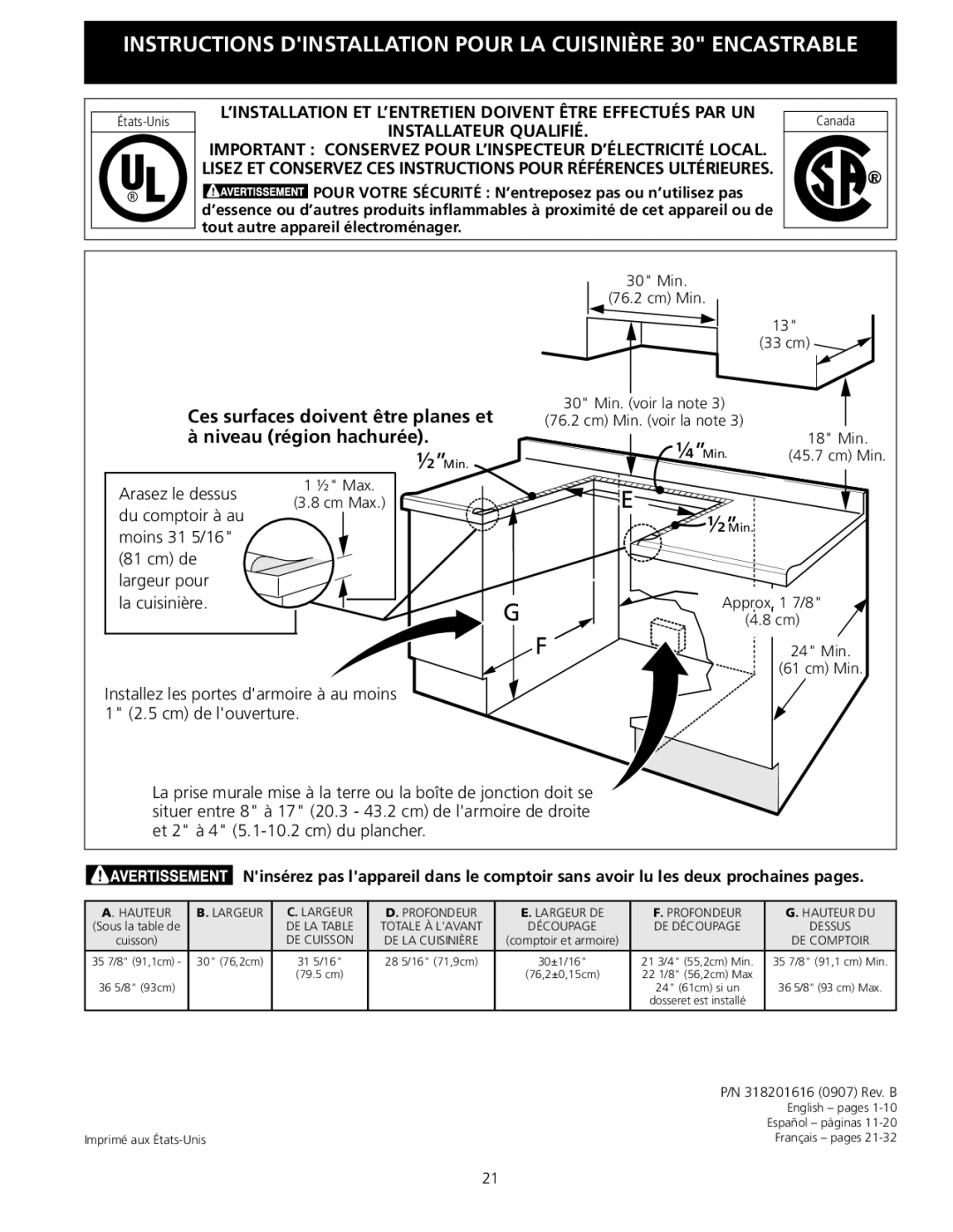 Frigidaire 318201616 Niveau région hachurée, Pour Votre Sécurité N’entreposez pas ou n’utilisez pas 