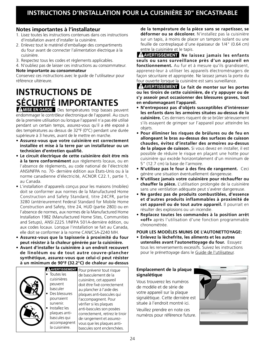 Frigidaire 318201616 Emplacement de la plaque signalétique, ’oubliez pas de laisser ces instructions au consommateur 