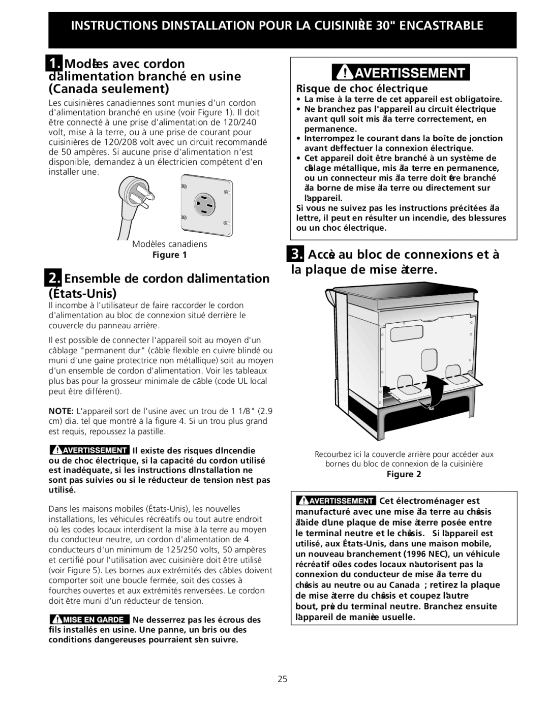 Frigidaire 318201616 installation instructions Ensemble de cordon dalimentation États-Unis, Risque de choc électrique 