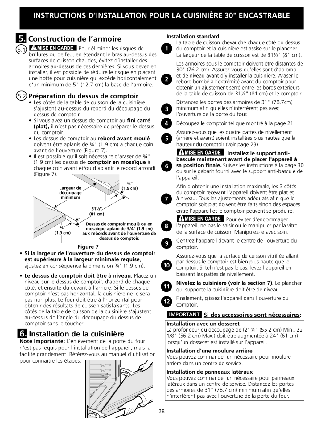 Frigidaire 318201616 installation instructions Installation de la cuisinière, Préparation du dessus de comptoir 