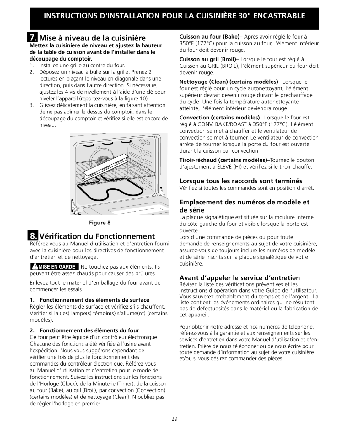 Frigidaire 318201616 installation instructions Mise à niveau de la cuisinière, Vérification du Fonctionnement 