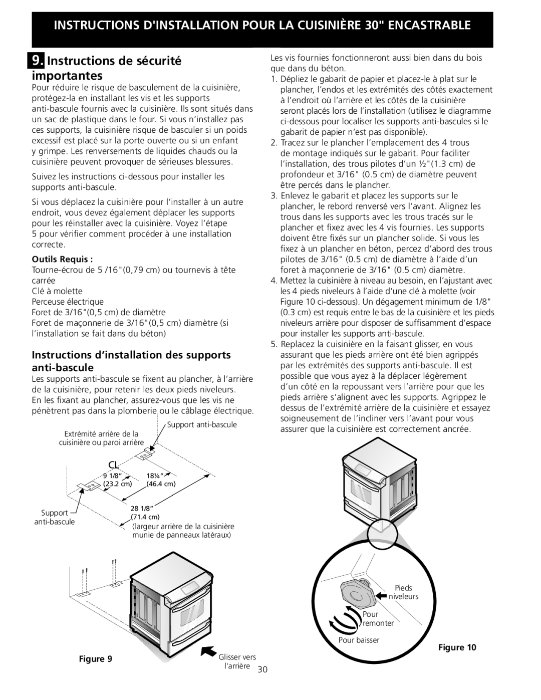 Frigidaire 318201616 Importantes, Instructions d’installation des supports anti‑bascule, Outils Requis 