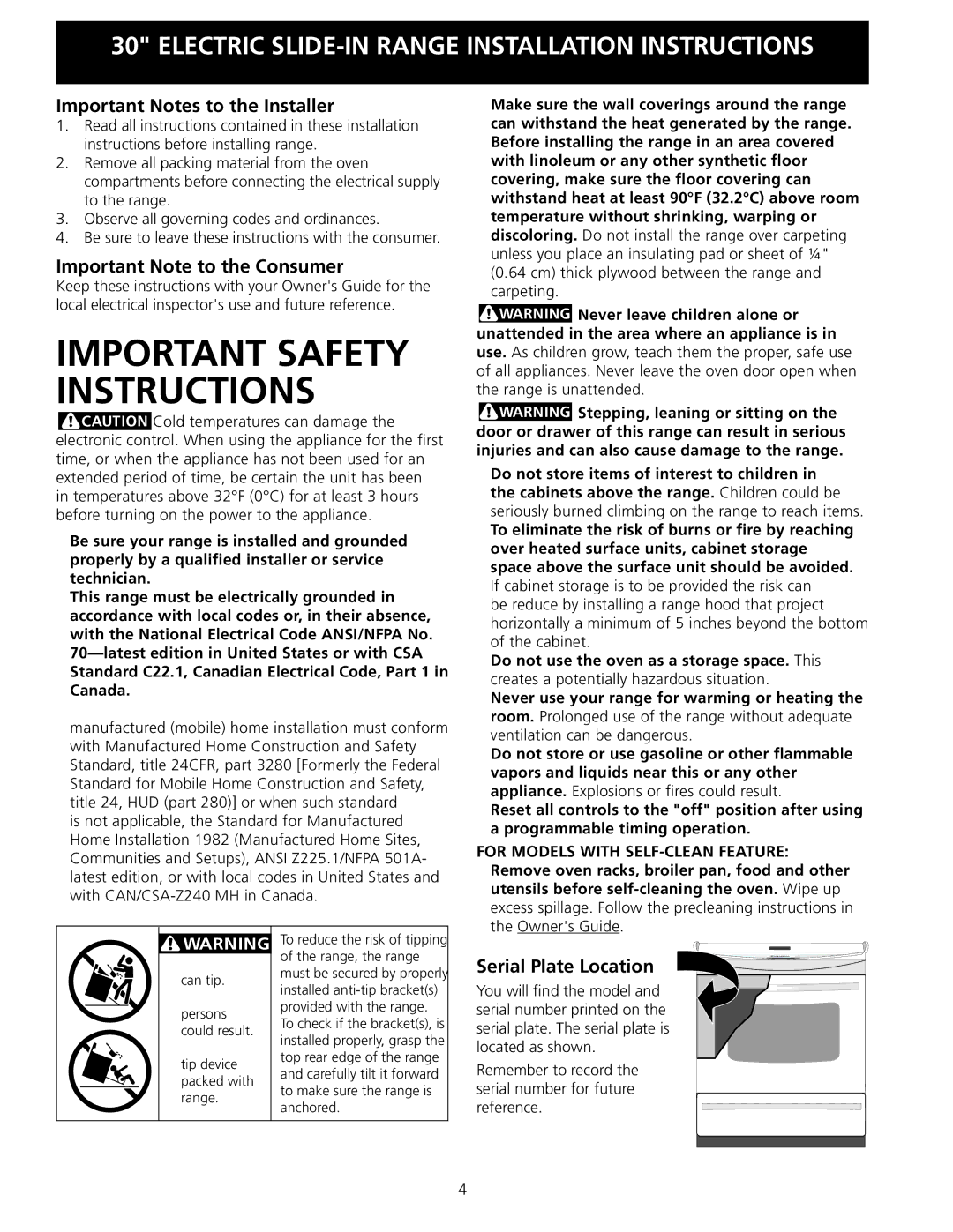 Frigidaire 318201616 Important Notes to the Installer, Important Note to the Consumer, Serial Plate Location 