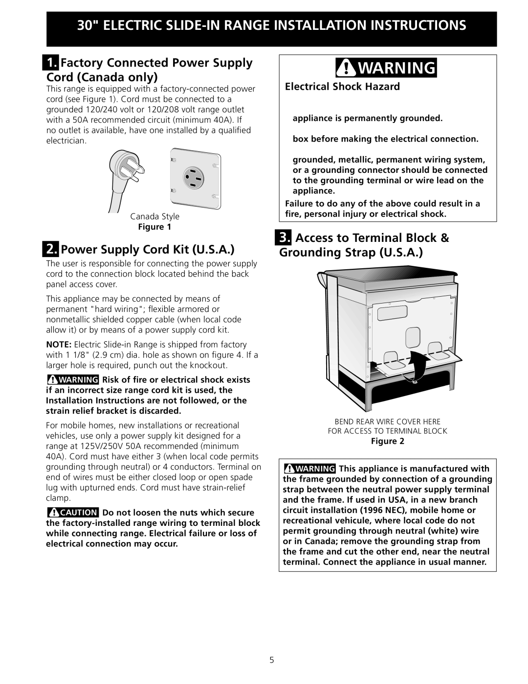 Frigidaire 318201616 Factory Connected Power Supply Cord Canada only, Power Supply Cord Kit U.S.A, Electrical Shock Hazard 