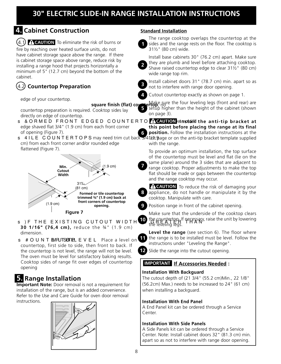 Frigidaire 318201616 installation instructions Cabinet Construction, Range Installation, Countertop Preparation 