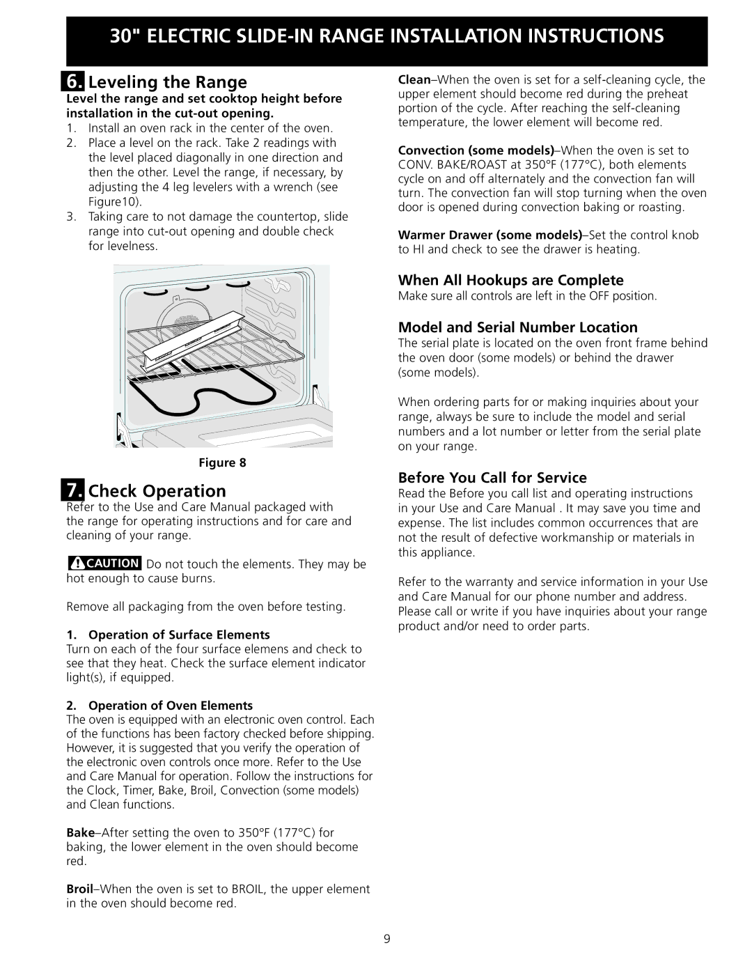 Frigidaire 318201616 Leveling the Range, Check Operation, When All Hookups are Complete, Model and Serial Number Location 