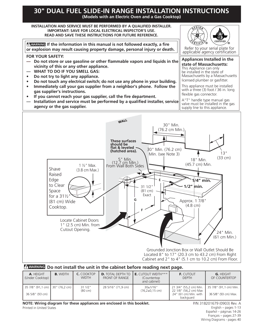 Frigidaire CPDS3085KF, 318201679 (0903) installation instructions Appliances Installed in the state of Massachusetts, Min 