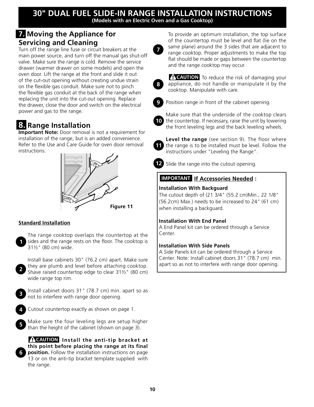 Frigidaire 318201679 (0903), CPDS3085KF Moving the Appliance for Servicing and Cleaning, Range Installation 