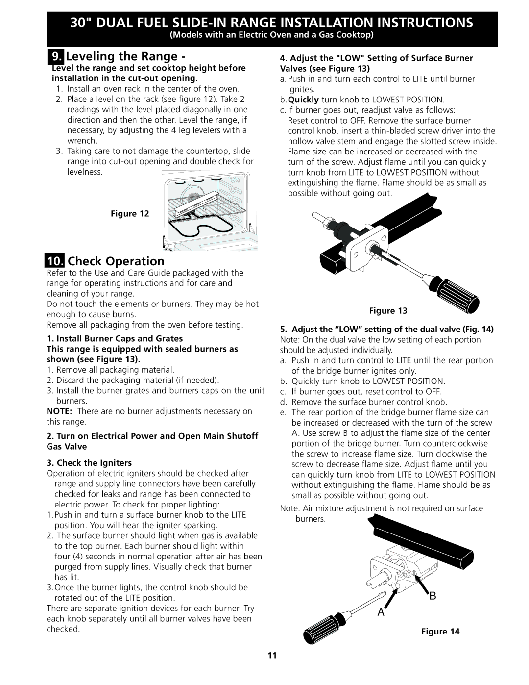 Frigidaire CPDS3085KF Leveling the Range, Check Operation, Adjust the LOW Setting of Surface Burner Valves see Figure 