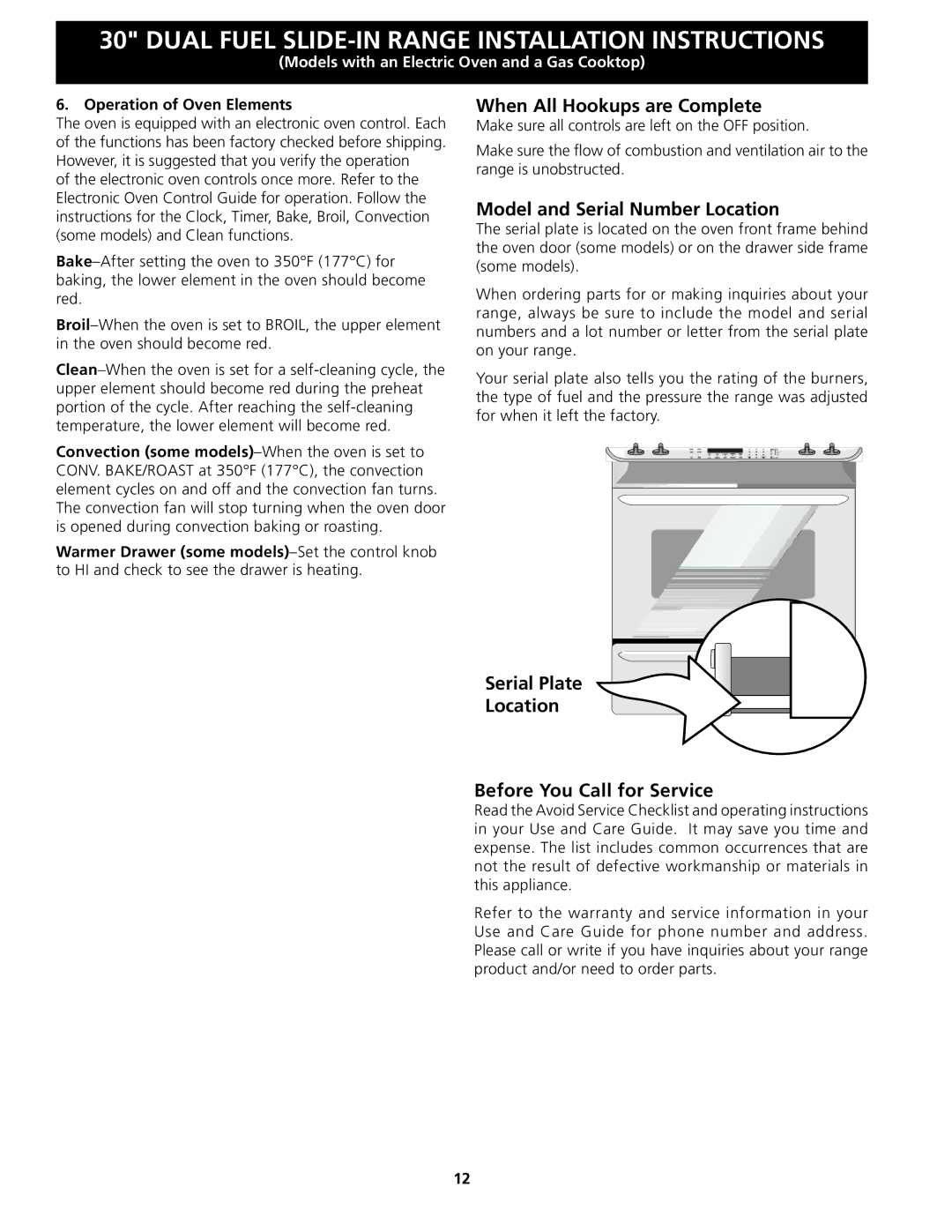 Frigidaire 318201679 (0903) When All Hookups are Complete, Model and Serial Number Location, Operation of Oven Elements 