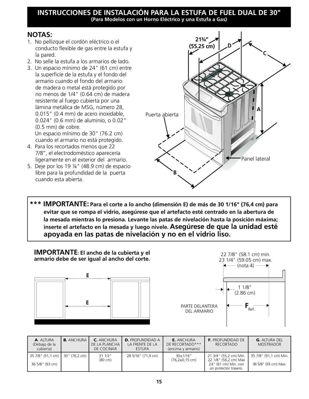 Frigidaire CPDS3085KF, 318201679 (0903) installation instructions Apoyada en las patas de nivelación y no en el vidrio liso 