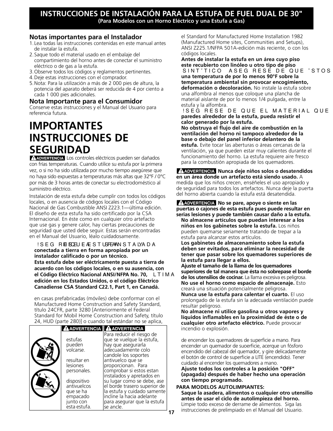 Frigidaire CPDS3085KF, 318201679 (0903) Notas importantes para el Instalador, Nota Importante para el Consumidor 