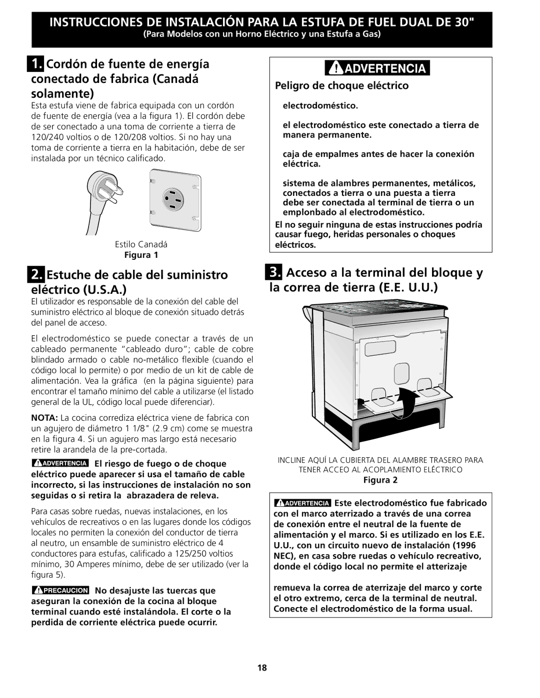 Frigidaire 318201679 (0903) Estuche de cable del suministro eléctrico U.S.A, Peligro de choque eléctrico, Eléctricos 