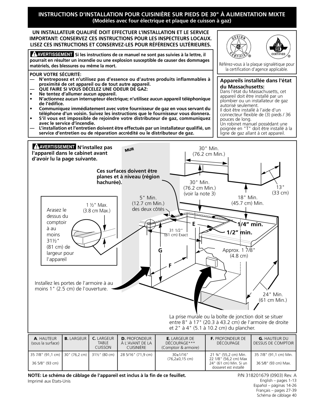 Frigidaire CPDS3085KF Appareils installée dans létat du Massachusetts, Ninstallez pas, Lappareil dans le cabinet avant 