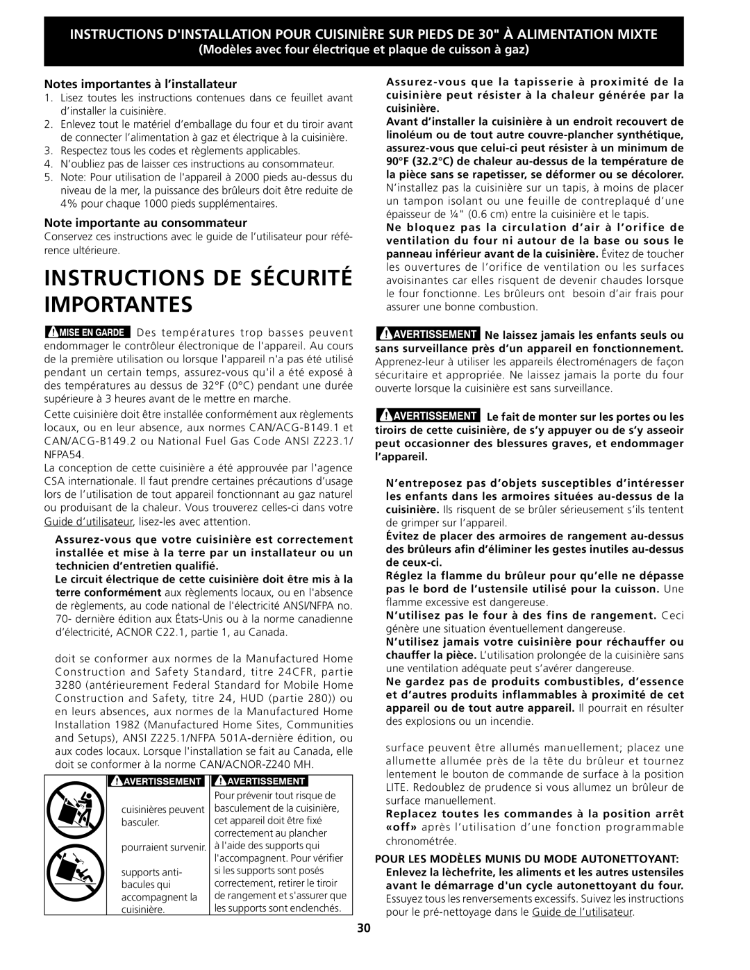 Frigidaire 318201679 (0903), CPDS3085KF installation instructions Instructions DE Sécurité Importantes 