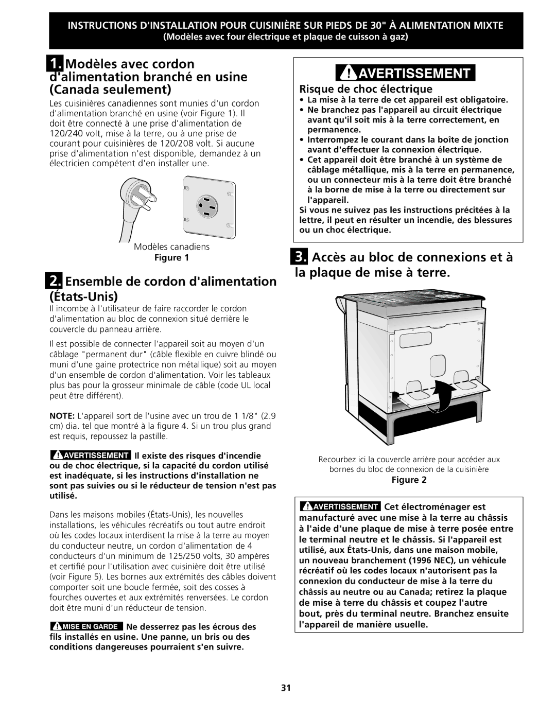 Frigidaire CPDS3085KF Canada seulement, Ensemble de cordon dalimentation États-Unis, Risque de choc électrique 