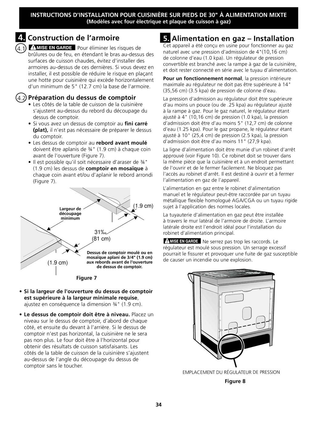 Frigidaire 318201679 (0903) Construction de l’armoire, Alimentation en gaz Installation, Préparation du dessus de comptoir 