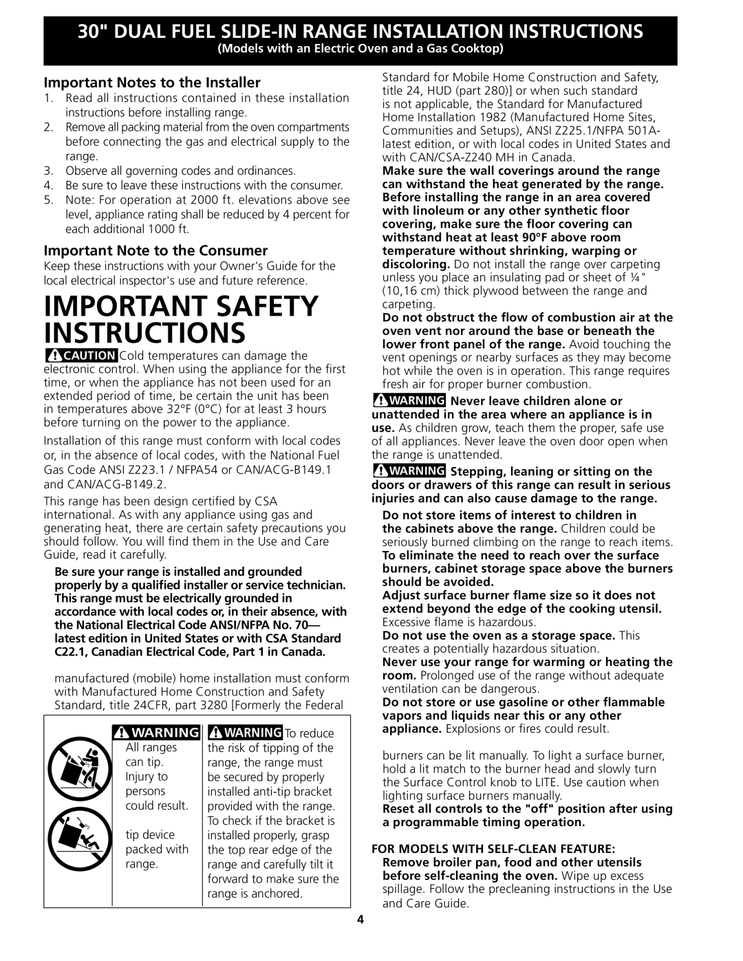 Frigidaire 318201679 (0903), CPDS3085KF Important Notes to the Installer, Important Note to the Consumer 