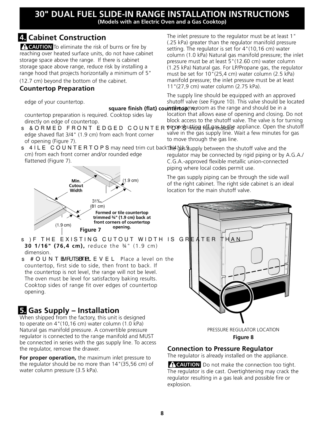 Frigidaire 318201679 (0903), CPDS3085KF Gas Supply Installation, Countertop Preparation, Connection to Pressure Regulator 