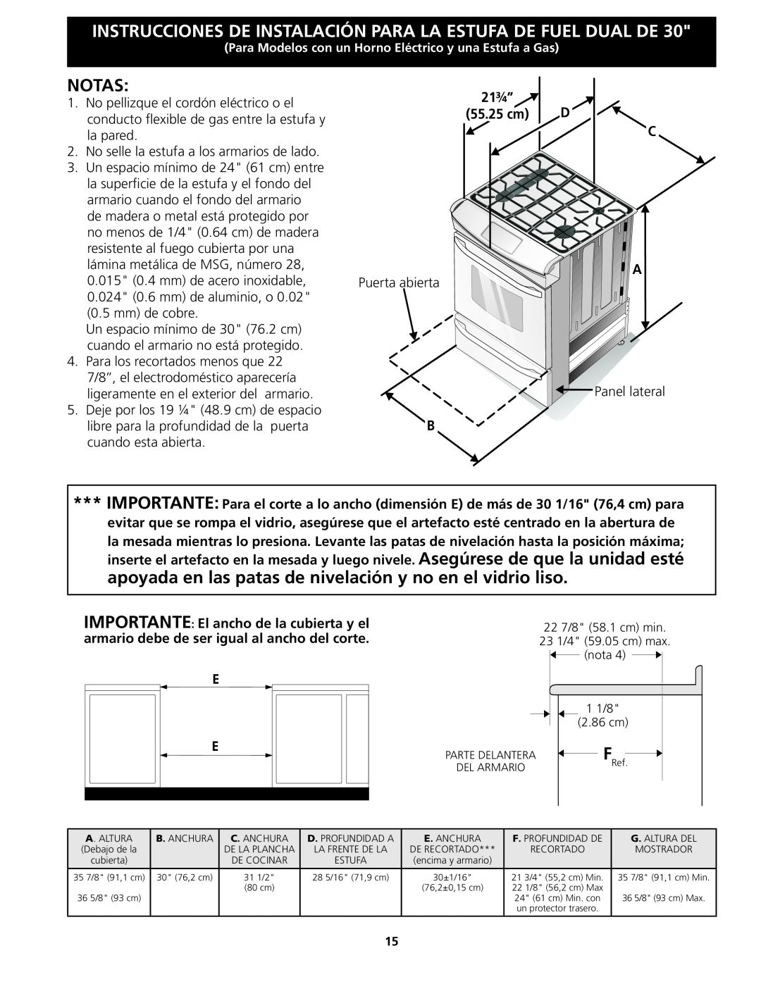 Frigidaire CPDS3085KF, 318201679 (0903) installation instructions Notas, 21¾” 55.25 cm, D C A 