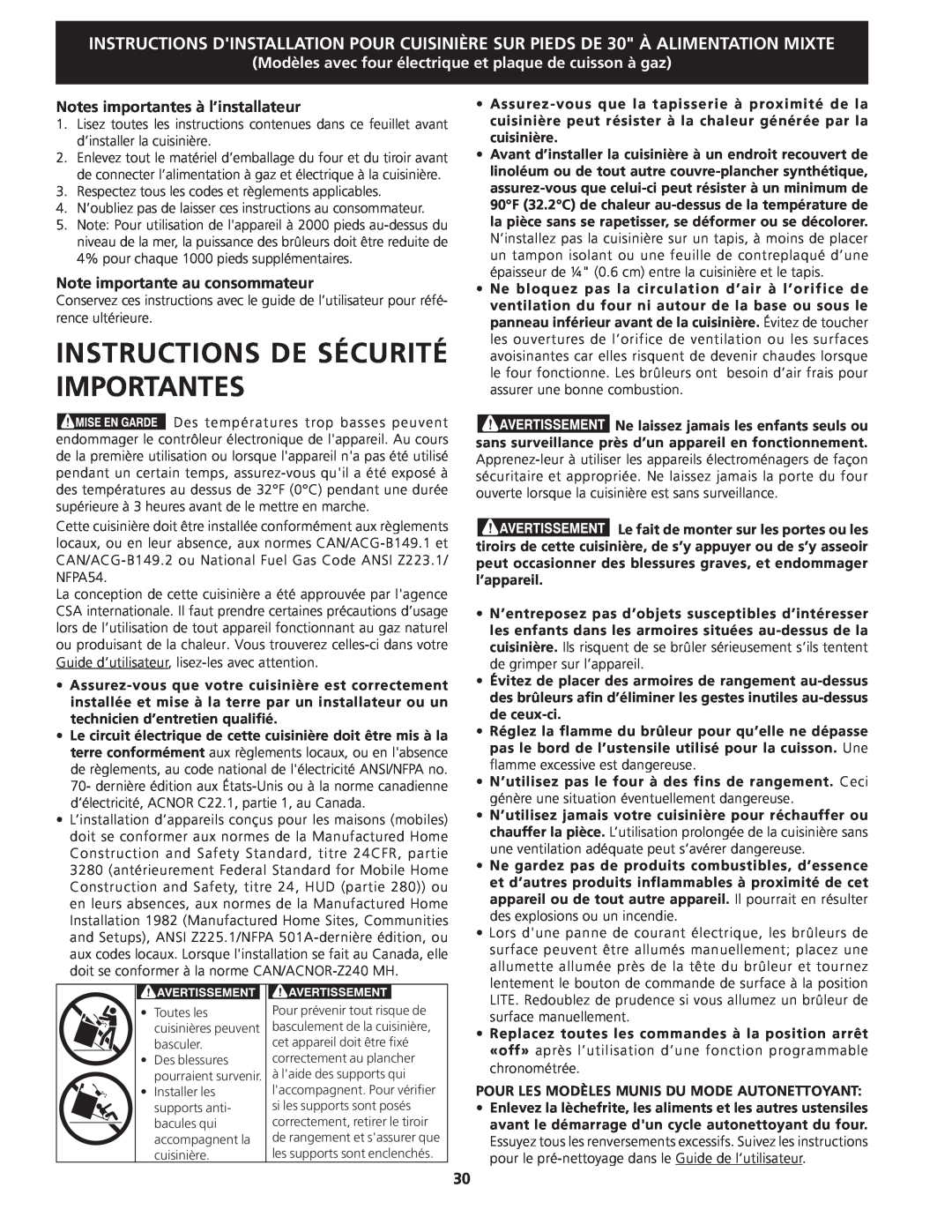 Frigidaire 318201679 (0903), CPDS3085KF Instructions De Sécurité Importantes, Notes importantes à l’installateur 