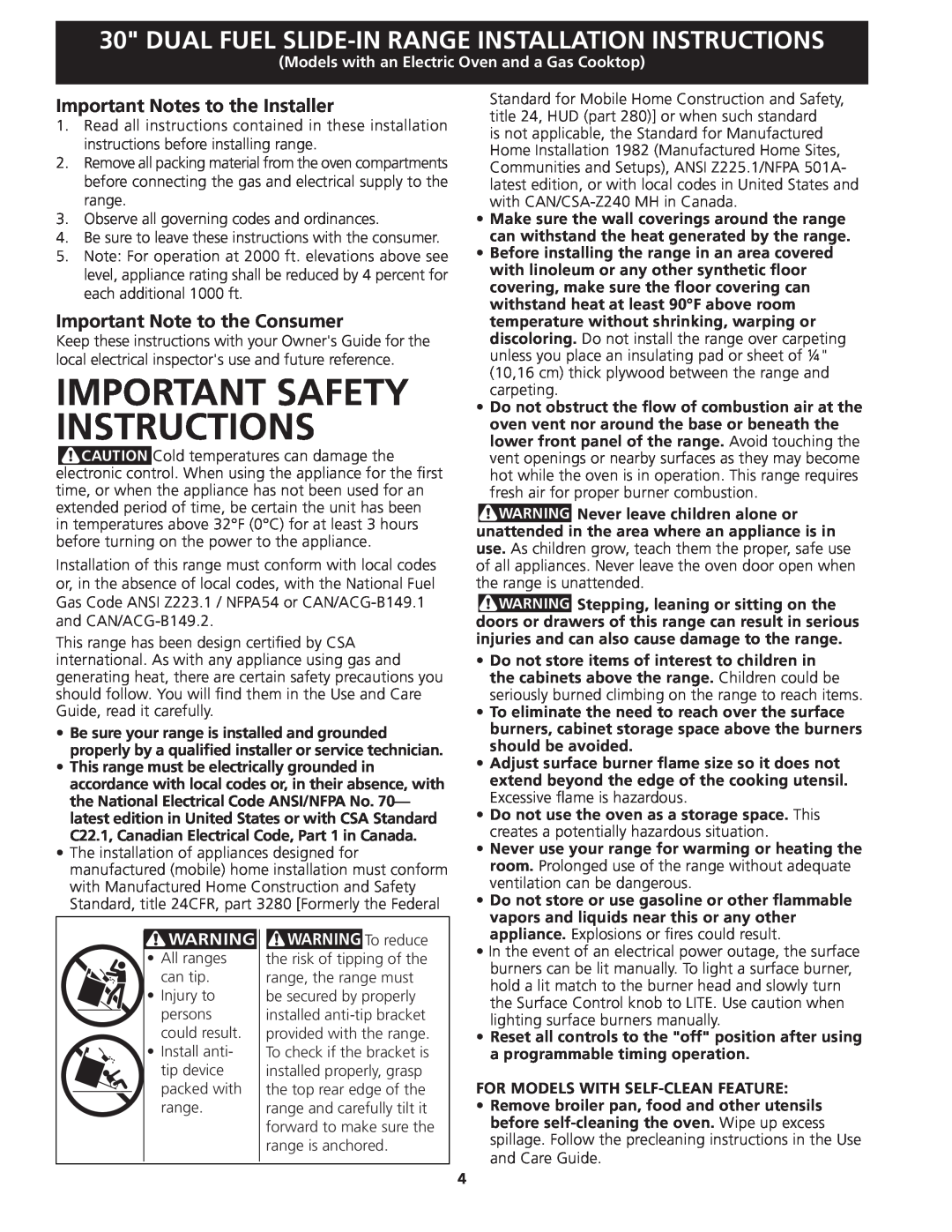 Frigidaire 318201679 (0903), CPDS3085KF Important Safety Instructions, Important Notes to the Installer 