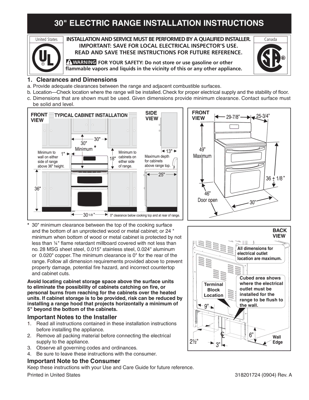 Frigidaire 318201724 manual Clearances and Dimensions, Important Notes to the Installer, Important Note to the Consumer 