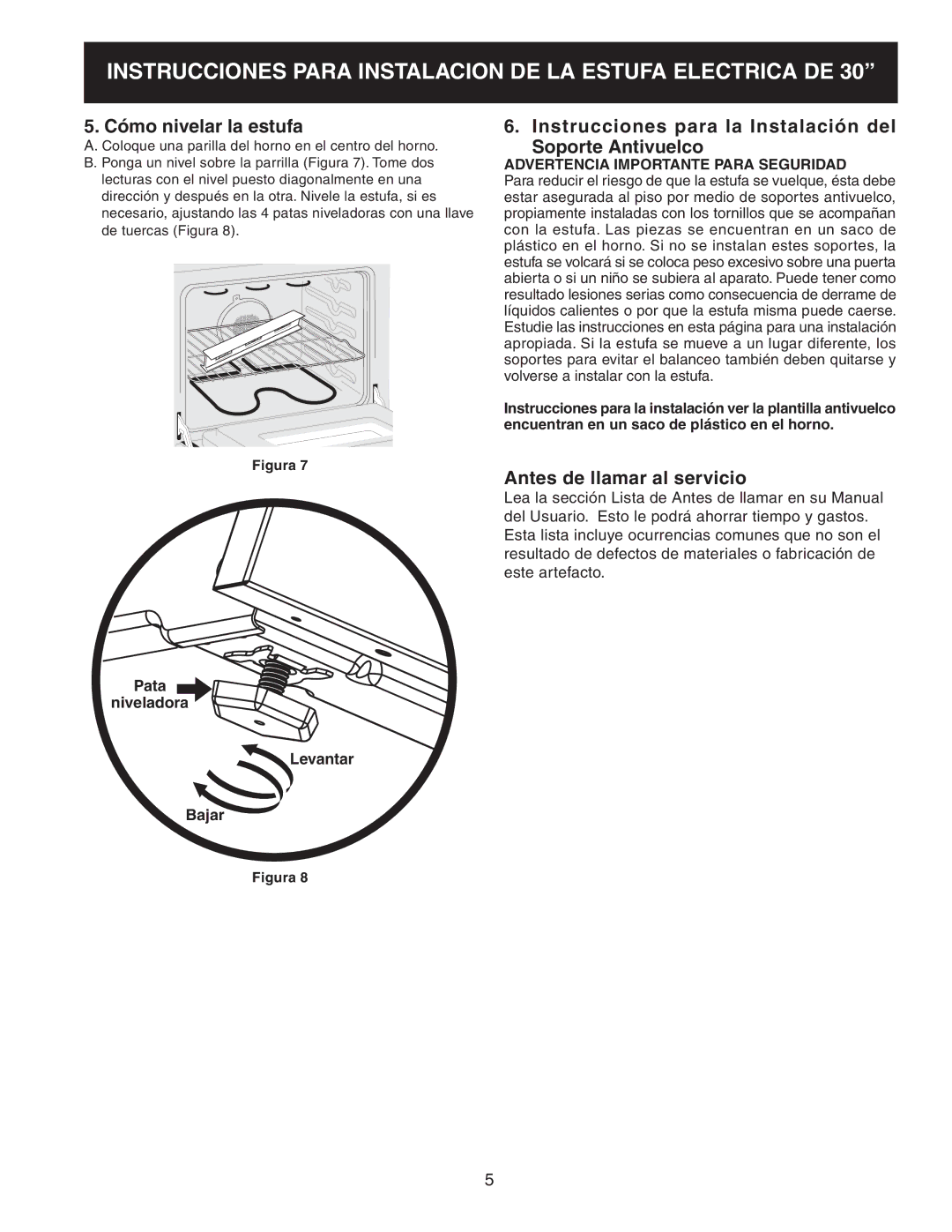 Frigidaire 318201724 manual Cómo nivelar la estufa, Instrucciones para la Instalación del Soporte Antivuelco 