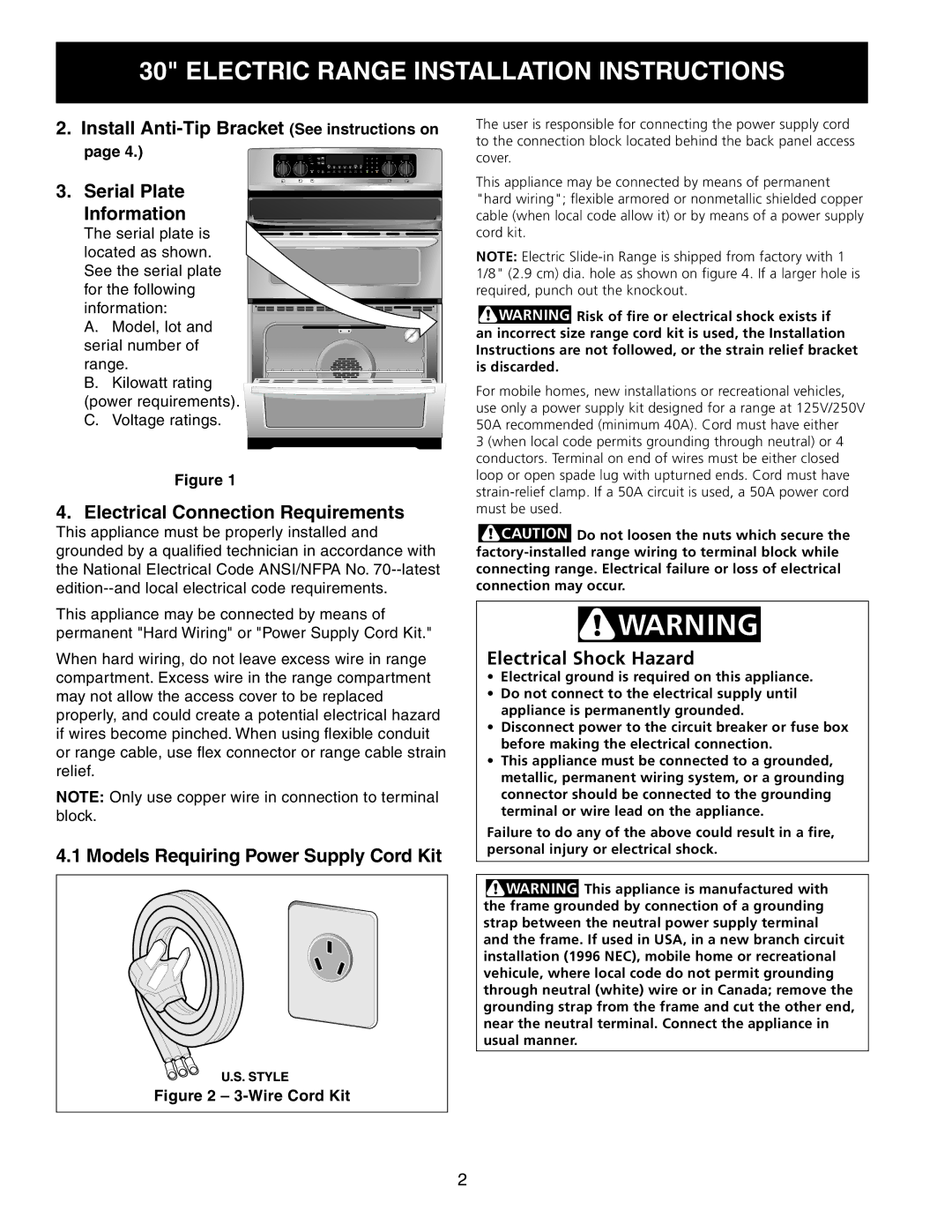 Frigidaire 318201724 manual Electrical Connection Requirements, Models Requiring Power Supply Cord Kit 