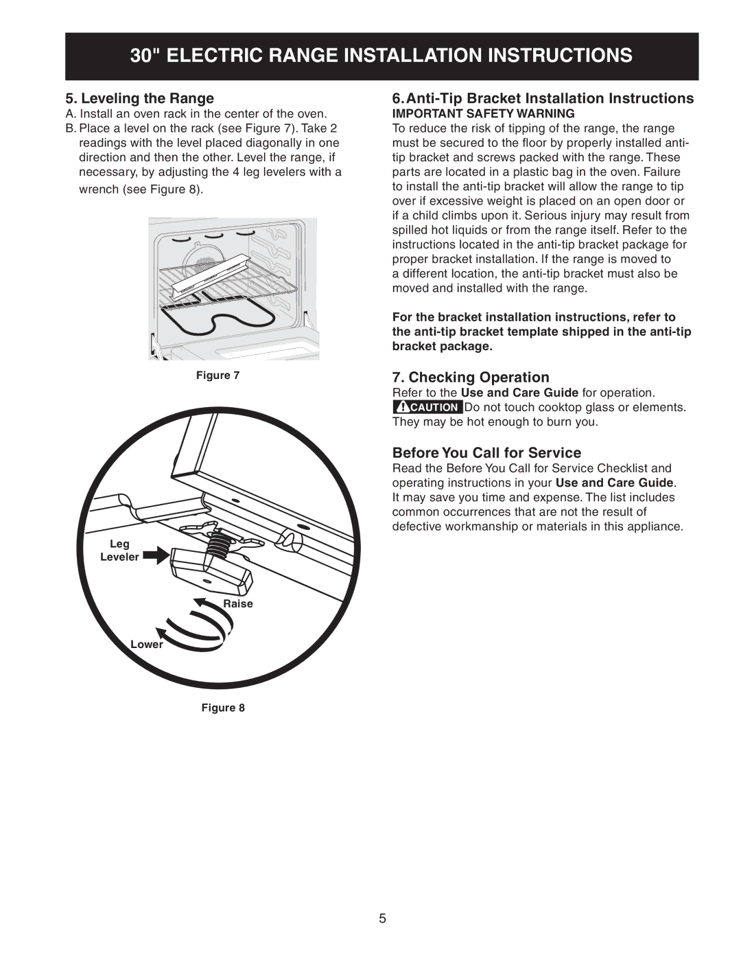 Frigidaire 318201724 manual Leveling the Range, Anti-Tip Bracket Installation Instructions, Checking Operation 