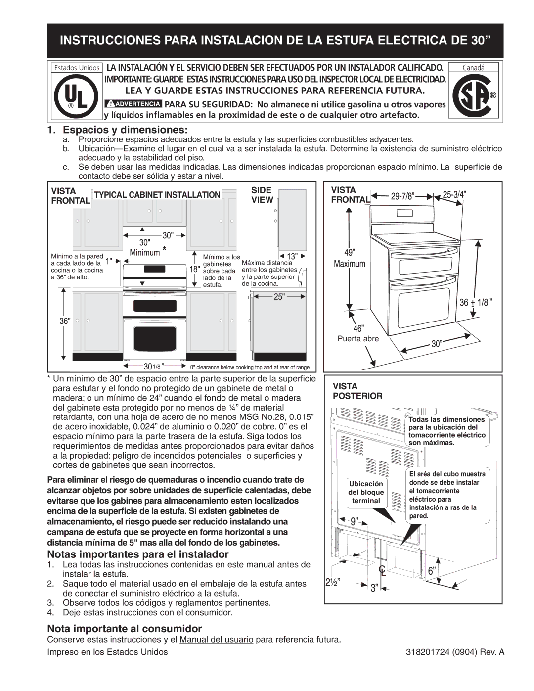 Frigidaire 318201724 manual Espacios y dimensiones, Notas importantes para el instalador, Nota importante al consumidor 