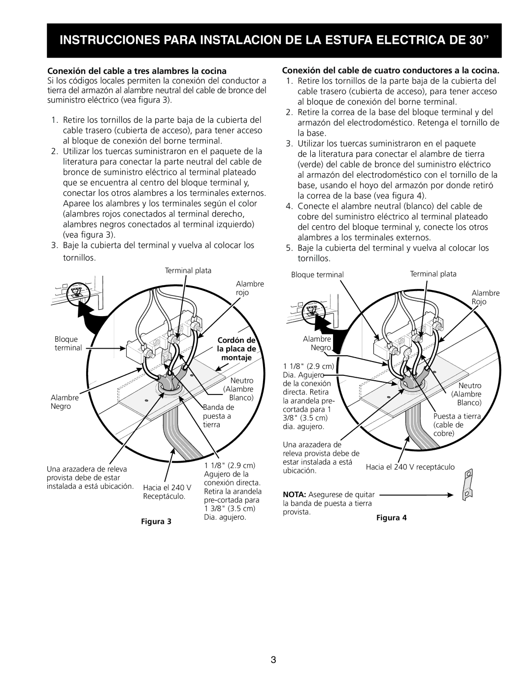 Frigidaire 318201724 manual Conexión del cable a tres alambres la cocina 