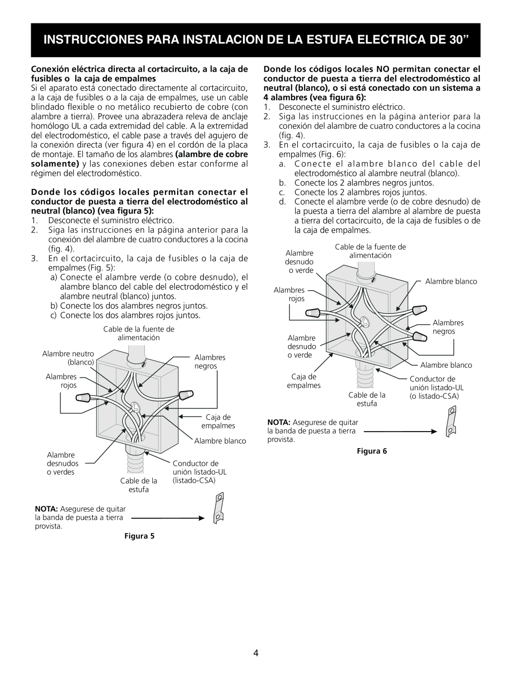Frigidaire 318201724 manual INSTRUCCIONES PARA INSTALACION DE LA ESTUFA ELECTRICA DE 30”, alambres vea figura 
