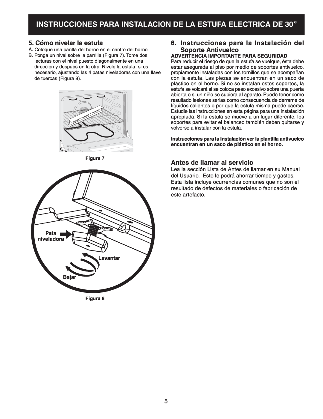 Frigidaire 318201724 manual 5. Cómo nivelar la estufa, Instrucciones para la Instalación del Soporte Antivuelco, Figura 