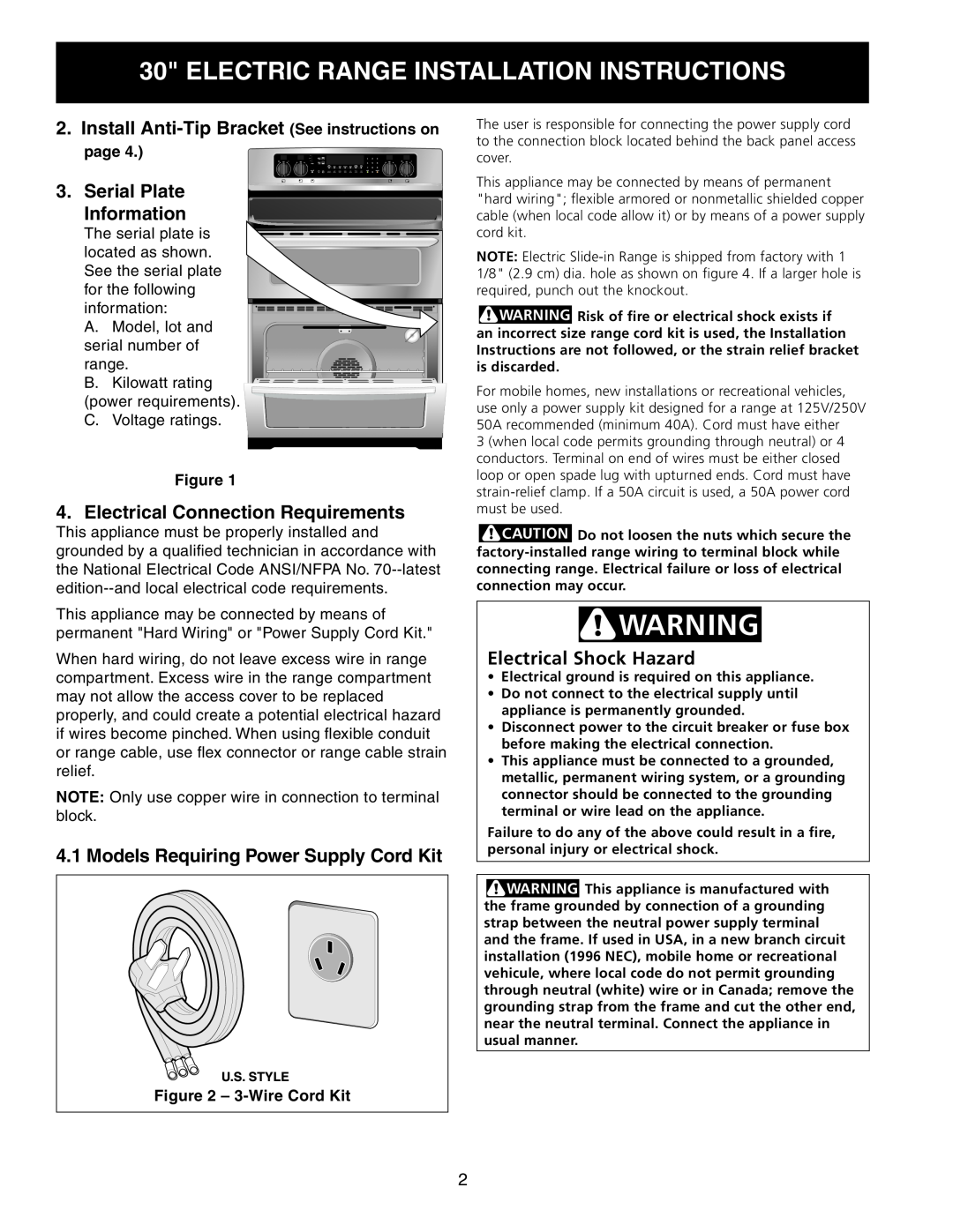 Frigidaire 318201724 Electrical Connection Requirements, Models Requiring Power Supply Cord Kit, Electrical Shock Hazard 