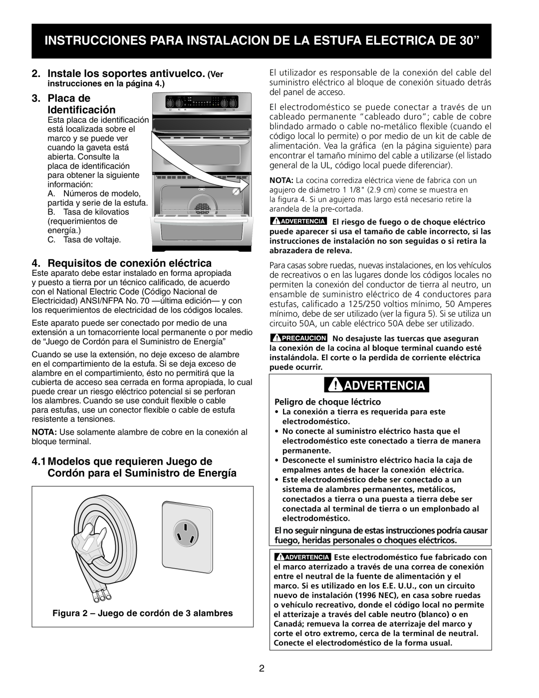 Frigidaire 318201724 manual Instale los soportes antivuelco. Ver, Placa de Identificación, Requisitos de conexión eléctrica 
