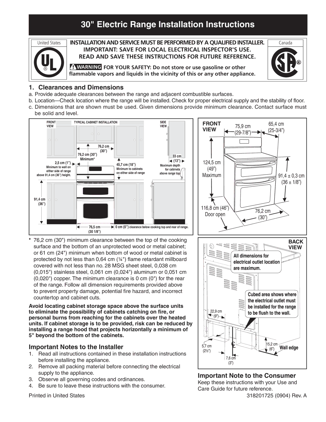 Frigidaire 318201725 installation instructions Clearances and Dimensions, Important Notes to the Installer 