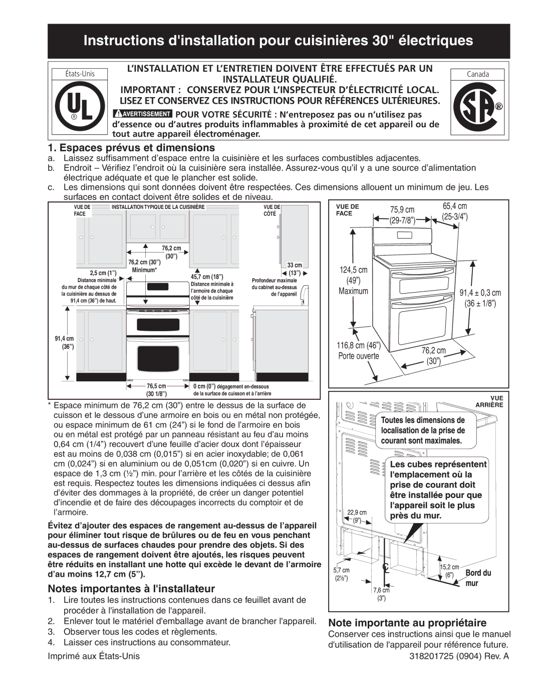 Frigidaire 318201725 Instructions dinstallation pour cuisinières 30 électriques, Espaces prévus et dimensions 