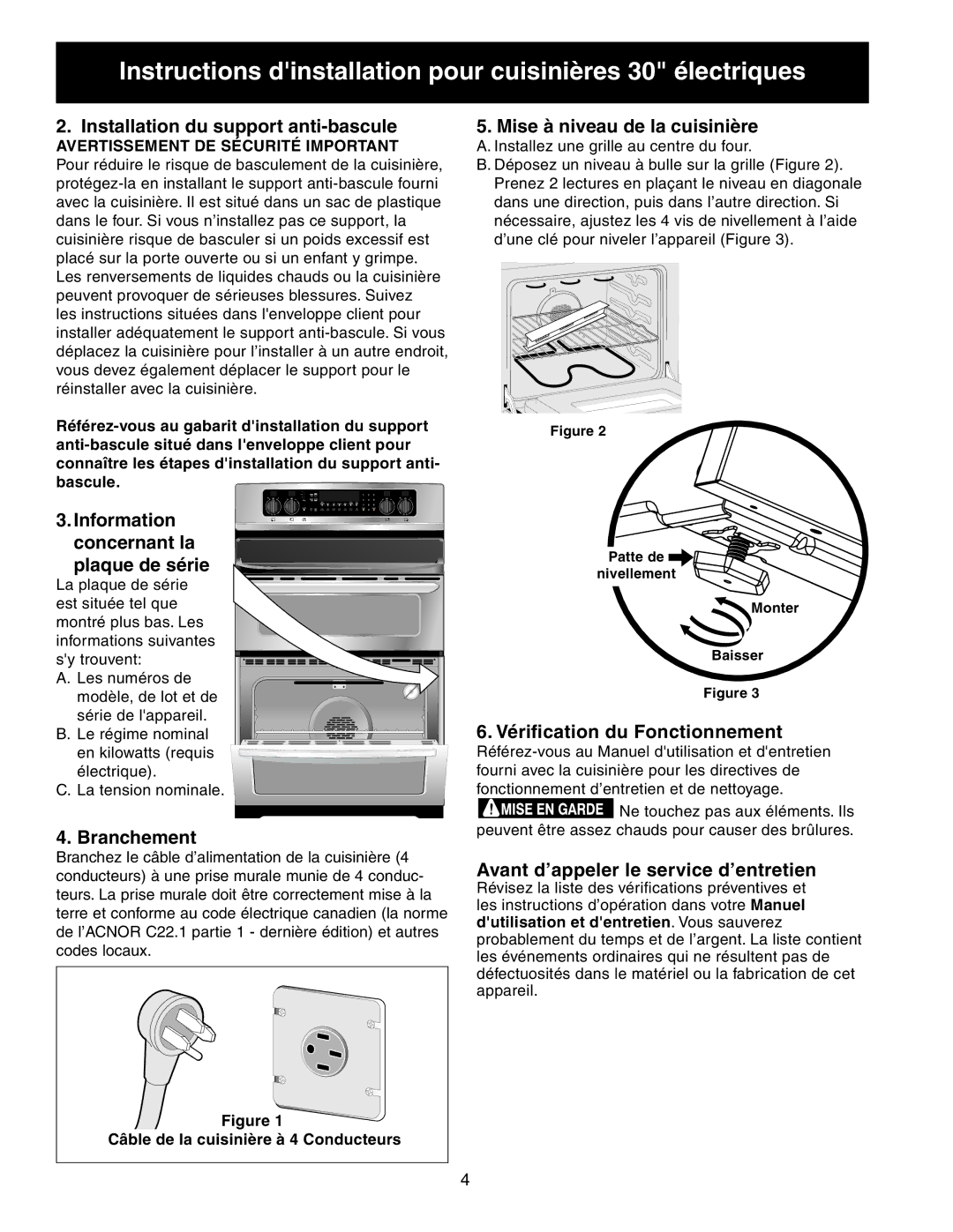 Frigidaire 318201725 Installation du support anti-bascule, Information concernant la plaque de série, Branchement 