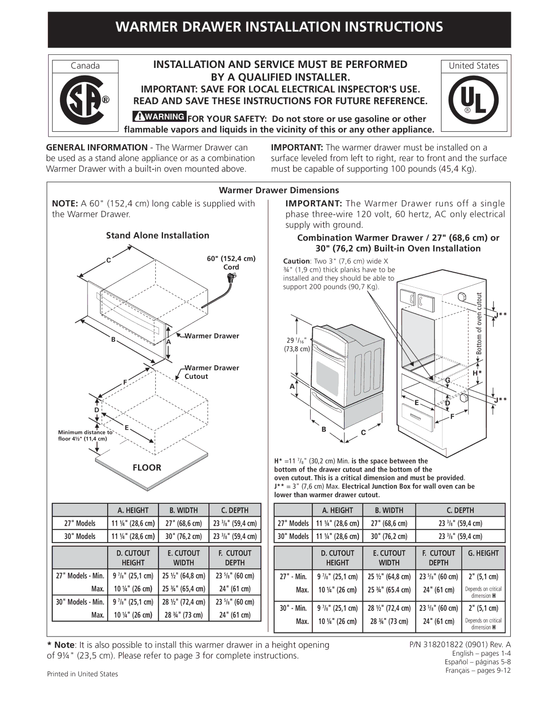 Frigidaire 318201822 installation instructions Warmer Drawer Dimensions Stand Alone Installation, Floor 